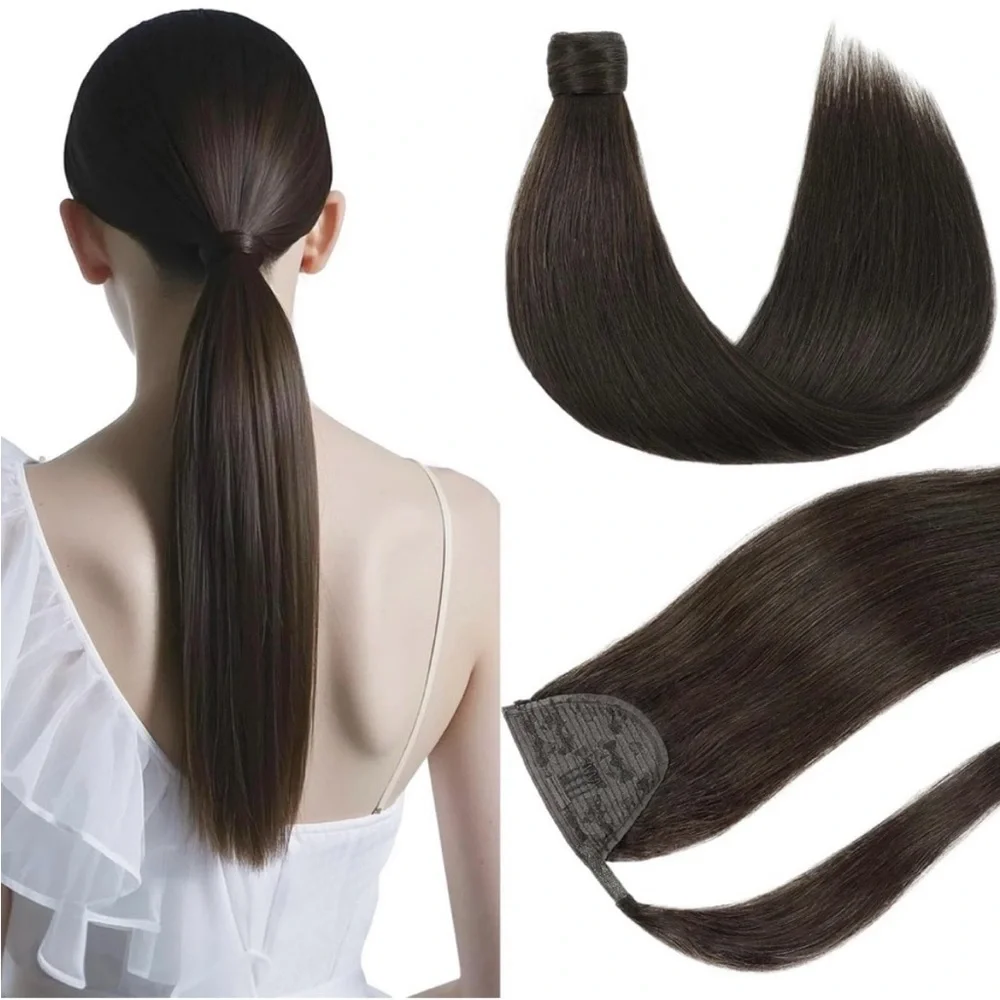 Dark Brown Remy Human Hair 18 Inch Wrap Around Ponytail Extension